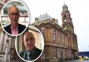 Great Yarmouth Borough Council's Labour opposition leader Trevor Wainwright (upper inset) argued with Conservative council leader Carl Smith (lower inset) about how effective the 'levelling up' fund would be. Background: Great Yarmouth Town Hall.