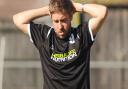 Robbie Harris, the new first-team boss of Fakenham Town, shows the strain during the Ghosts' weekend defeat. Picture: IAN BURT