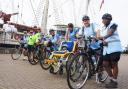 The cyclists ready to set off for London in their race with the tall ship, SV Tenacious at Great Yarmouth. From left, Graham Strudwick; Lauren Bean; John Churcher; Sara Fleming; Ruth Taylor; Tim Taylor; Gary Pegler; and Caroline Bogyere.