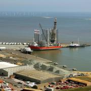 Offshore wind farm components in Great Yarmouth Outer Harbour