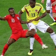 England's Raheem Sterling (left) and Colombia's Yerry Mina battle for the ball during the FIFA World Cup 2018, round of 16 match at the Spartak Stadium, Moscow.  Photo: Aaron Chown/PA Wire.