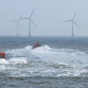 Caister Lifeboat's new £1.6m vessel in training near Scroby Sands with the Bernard Matthews lifeboat.